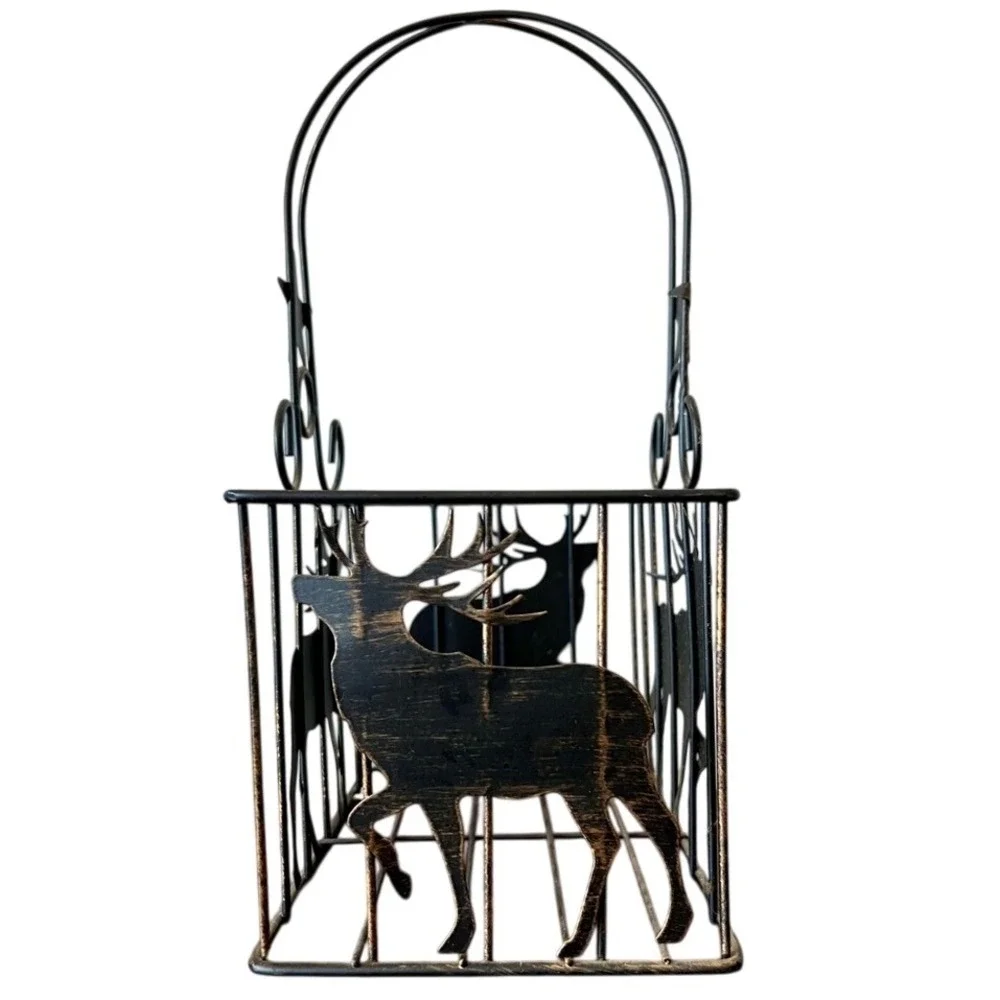 Rustic Metal Reindeer Christmas Basket Star Handle Black Distressed 12in